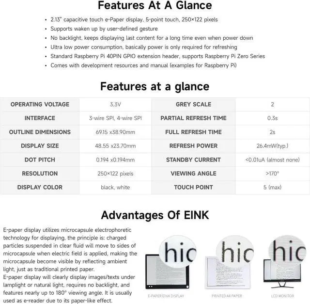 Alt view image 4 of 7 - Waveshare 2.13inch Touch E-Paper E-Ink Display HAT Compatible with Raspberry Pi Zero/Zero W 250×122 Pixels with ABS Protection Case Supports Partial Refresh