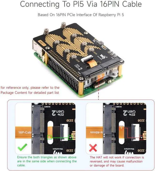 Alt view image 4 of 7 - Waveshare PCIe to 2-CH M.2 HAT, Compatible with Raspberry Pi 5, Support M.2 NVMe Solid State Drive 2230 2242 2280, High-Speed Reading/Writing