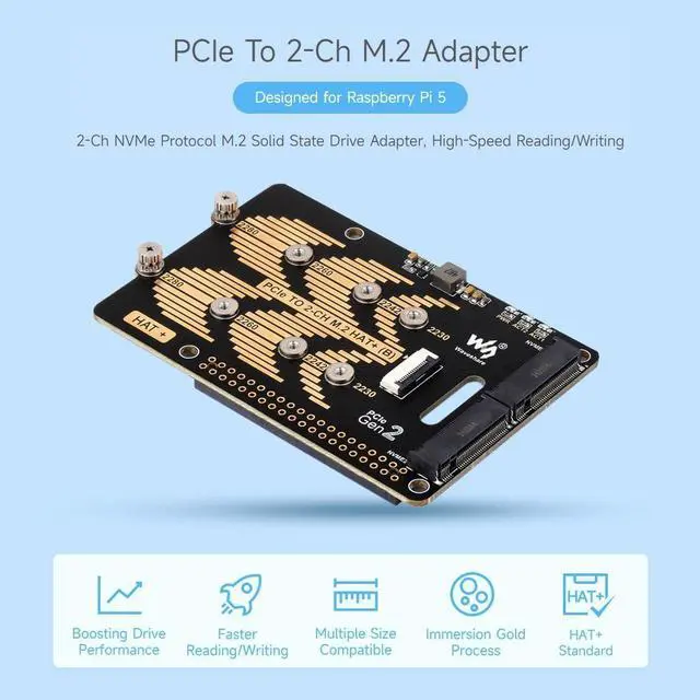 Alt view image 3 of 7 - Waveshare PCIe to 2-CH M.2 HAT, Compatible with Raspberry Pi 5, Support M.2 NVMe Solid State Drive 2230 2242 2280, High-Speed Reading/Writing