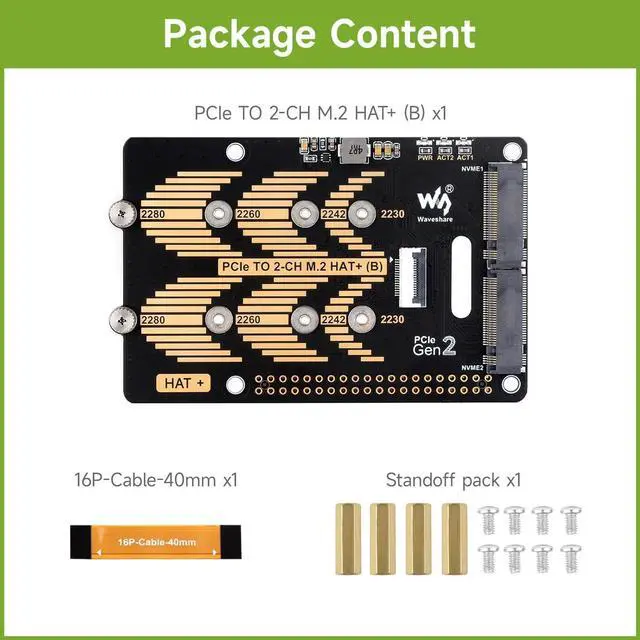 Alt view image 2 of 7 - Waveshare PCIe to 2-CH M.2 HAT, Compatible with Raspberry Pi 5, Support M.2 NVMe Solid State Drive 2230 2242 2280, High-Speed Reading/Writing