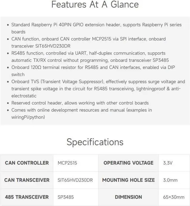 Alt view image 4 of 7 - RS485 CAN HAT, Compatible with Raspberry Pi 5/4B/3B/Zero/Zero W/Zero 2W/Pico/Pico W/Pico WH, Allowing Stable Long-Distance RS485/CAN Communication