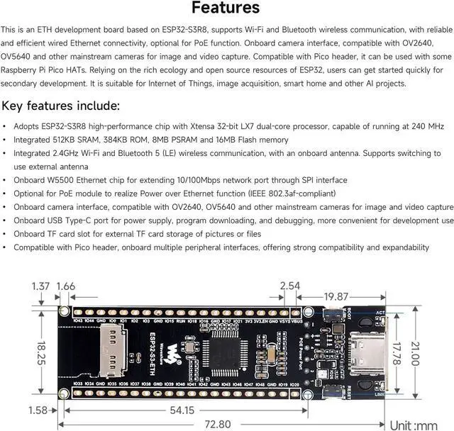 Alt view image 4 of 7 - Waveshare ESP32-S3 ETH Development Board, 10/100Mbps RJ45 Ethernet Port, Wi-Fi & BT Support, 240MHz Dual Core Processor, Onboard Type-C Port and TF Card Slot, PoE Module