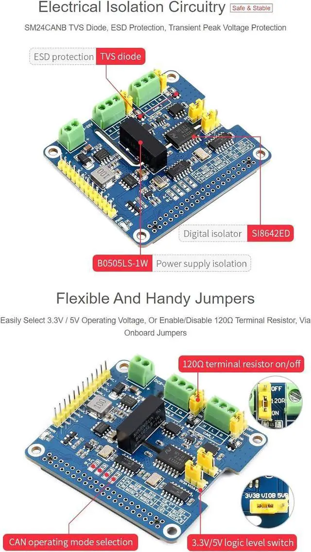 Alt view image 6 of 7 - 2-Channel Isolated CAN FD Expansion HAT, Compatible with Raspberry Pi 5/4B/3B/Zero/Zero W/Zero 2W/Pico/Pico W/Pico WH, CAN FD Support Multi Onboard Protection Circuits