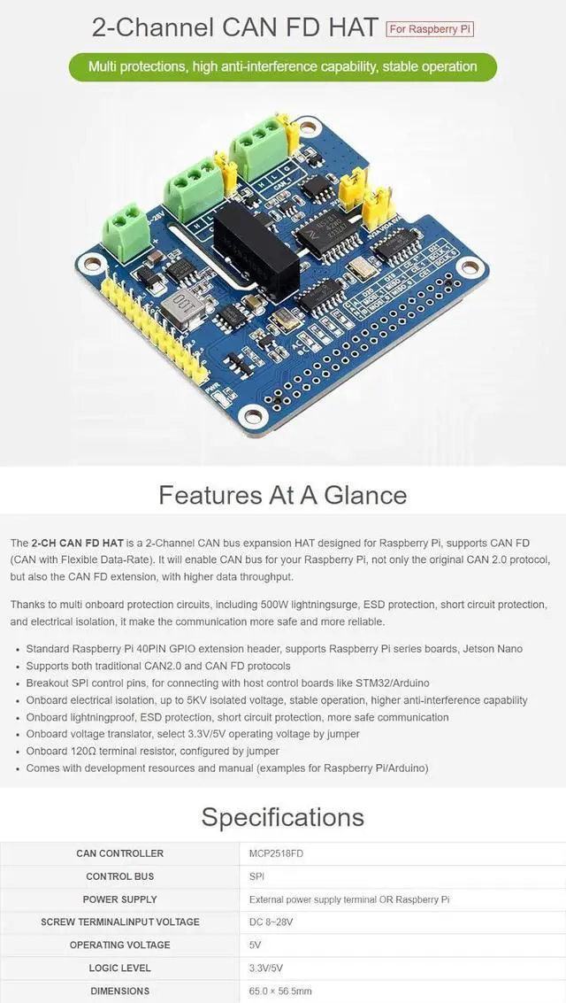 Alt view image 3 of 7 - 2-Channel Isolated CAN FD Expansion HAT, Compatible with Raspberry Pi 5/4B/3B/Zero/Zero W/Zero 2W/Pico/Pico W/Pico WH, CAN FD Support Multi Onboard Protection Circuits