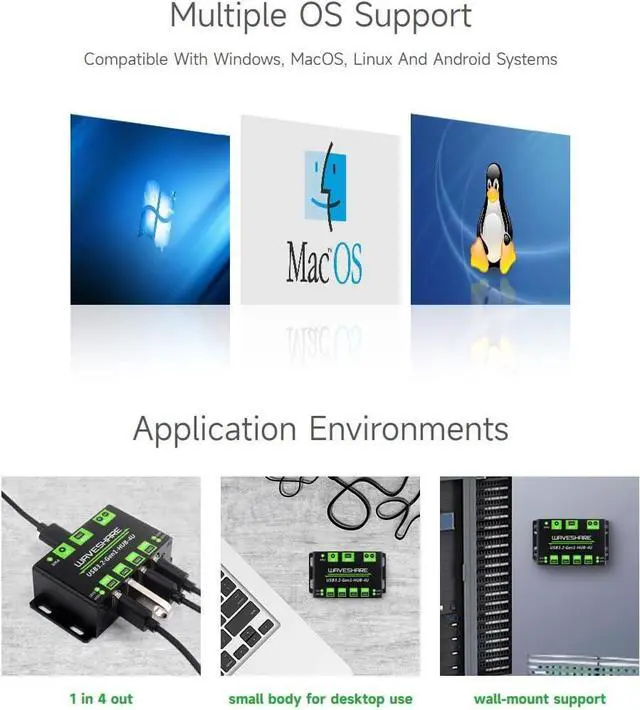 Alt view image 7 of 7 - Waveshare 4-Ch USB 3.2 Gen1 HUB, Compatible with Windows, macOS, Linux and Android, Metal Case with Wall-Mount Support, Driver-Free, Plug-and-Play