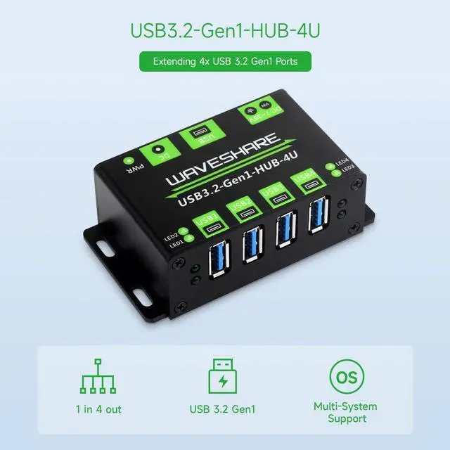 Alt view image 3 of 7 - Waveshare 4-Ch USB 3.2 Gen1 HUB, Compatible with Windows, macOS, Linux and Android, Metal Case with Wall-Mount Support, Driver-Free, Plug-and-Play
