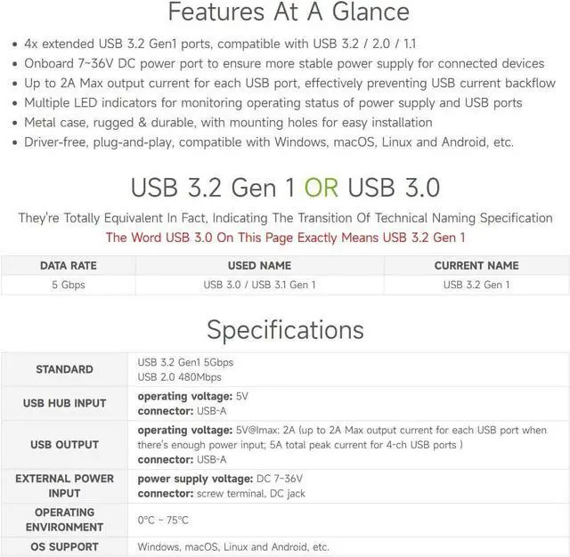 Alt view image 4 of 7 - Waveshare 4-Ch USB 3.2 Gen1 HUB, Compatible with Windows, macOS, Linux and Android, Metal Case with Wall-Mount Support, Driver-Free, Plug-and-Play