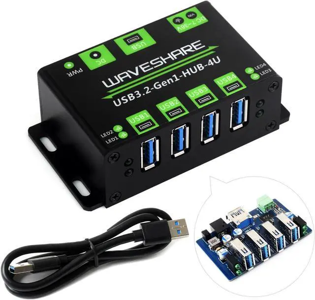 Main image of Waveshare 4-Ch USB 3.2 Gen1 HUB, Compatible with Windows, macOS, Linux and Android, Metal Case with Wall-Mount Support, Driver-Free, Plug-and-Play