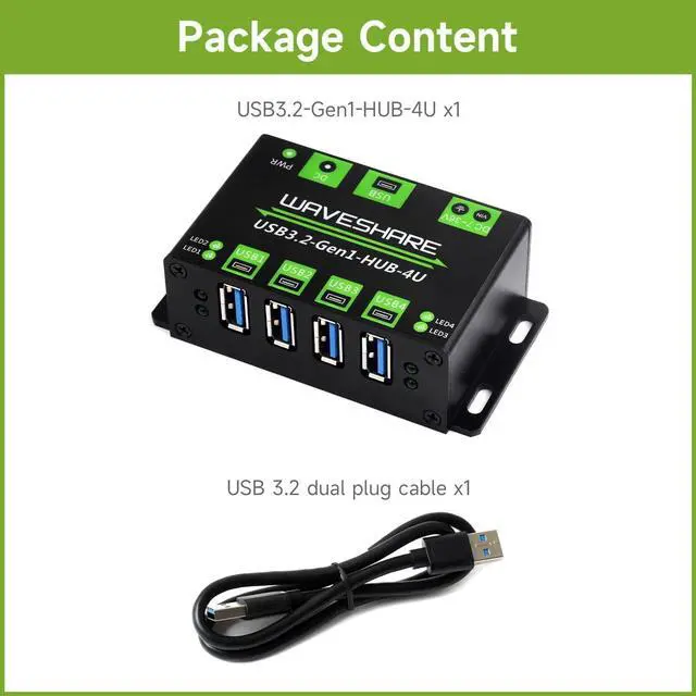 Alt view image 2 of 7 - Waveshare 4-Ch USB 3.2 Gen1 HUB, Compatible with Windows, macOS, Linux and Android, Metal Case with Wall-Mount Support, Driver-Free, Plug-and-Play