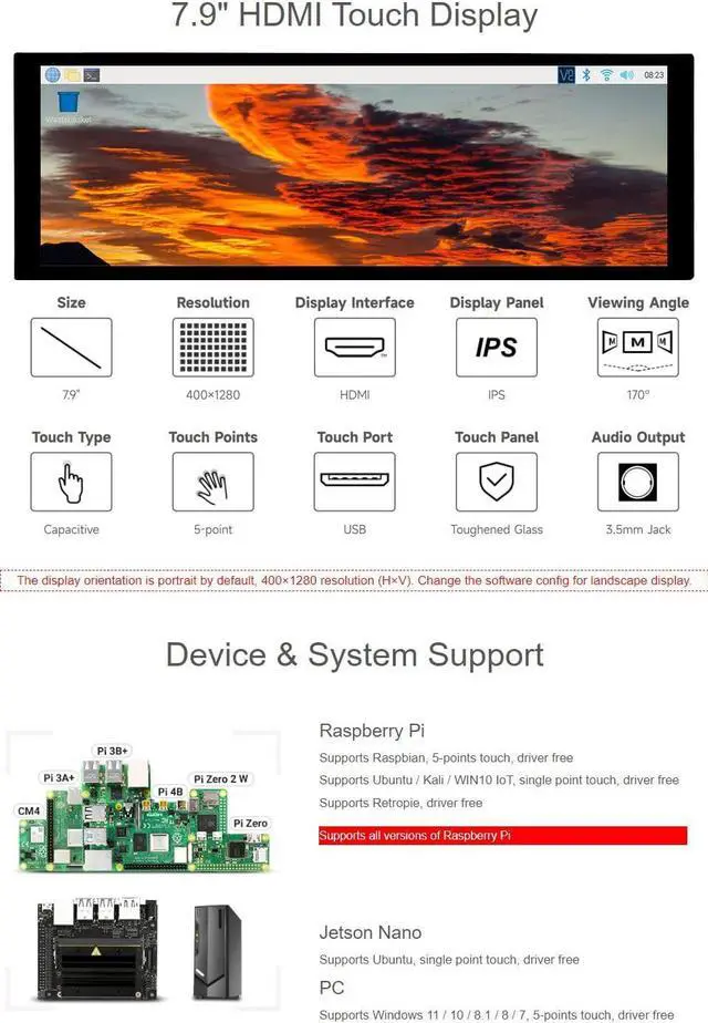 Alt view image 4 of 7 - waveshare 11.9inch Capacitive Touch Screen LCD Compatible with Raspberry Pi 5/4B/3B+/3A+/2B/B+/A+/Zero/Zero W/WH/Zero 2W CM3+/4 400×1280 Resolution HDMI IPS Supports Jetson Nano/Windows