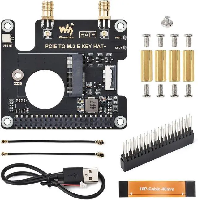 Main image of Waveshare PCIe to M.2 E Key HAT, Compatible with Raspberry Pi 5, Support Various NGFF (M.2 E Key) Wireless NIC, Supports USB Bluetooth Connection and HAT+ Standard, Raspberry Pi 5 PCIe HAT