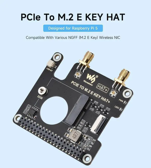 Alt view image 3 of 7 - Waveshare PCIe to M.2 E Key HAT, Compatible with Raspberry Pi 5, Support Various NGFF (M.2 E Key) Wireless NIC, Supports USB Bluetooth Connection and HAT+ Standard, Raspberry Pi 5 PCIe HAT