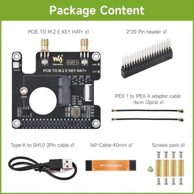 Alt view image 2 of 7 - Waveshare PCIe to M.2 E Key HAT, Compatible with Raspberry Pi 5, Support Various NGFF (M.2 E Key) Wireless NIC, Supports USB Bluetooth Connection and HAT+ Standard, Raspberry Pi 5 PCIe HAT