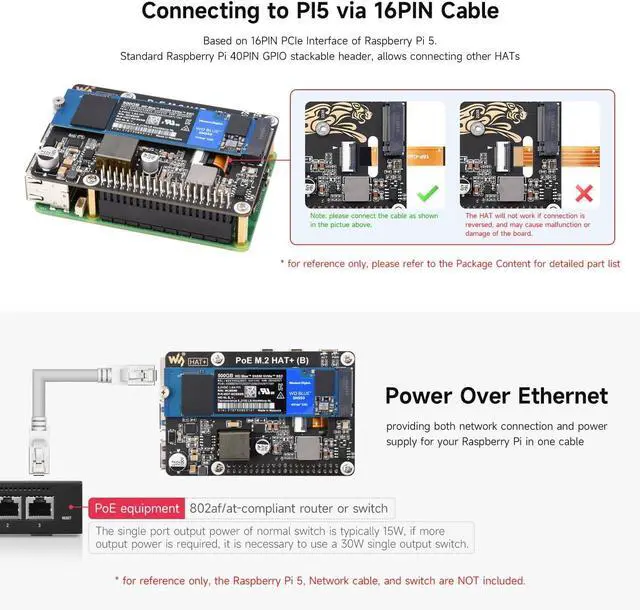 Alt view image 6 of 7 - Waveshare PCIe to M.2 Adapter with PoE Function HAT+ (B), Compatible with Raspberry Pi 5, Supports POE NVMe Drive Protocol 2230/2242 / 2260/2280 M.2 Solid State Drive, High-Speed Reading/Writing