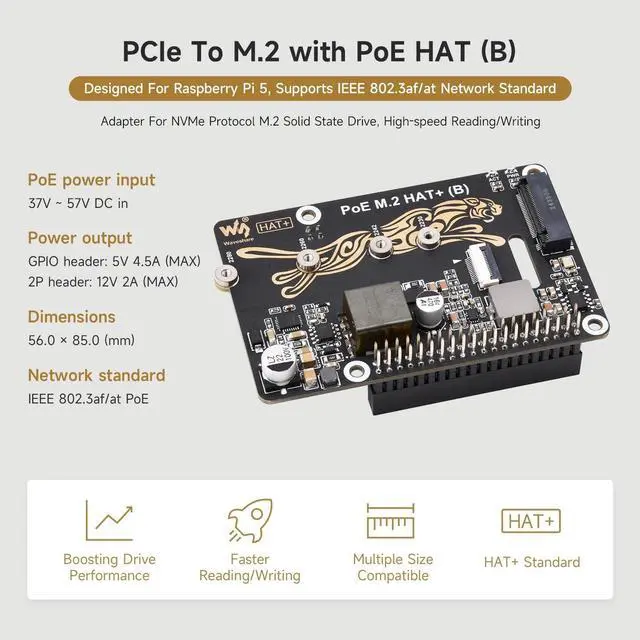 Alt view image 3 of 7 - Waveshare PCIe to M.2 Adapter with PoE Function HAT+ (B), Compatible with Raspberry Pi 5, Supports POE NVMe Drive Protocol 2230/2242 / 2260/2280 M.2 Solid State Drive, High-Speed Reading/Writing