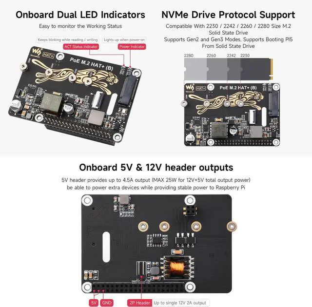 Alt view image 7 of 7 - Waveshare PCIe to M.2 Adapter with PoE Function HAT+ (B), Compatible with Raspberry Pi 5, Supports POE NVMe Drive Protocol 2230/2242 / 2260/2280 M.2 Solid State Drive, High-Speed Reading/Writing