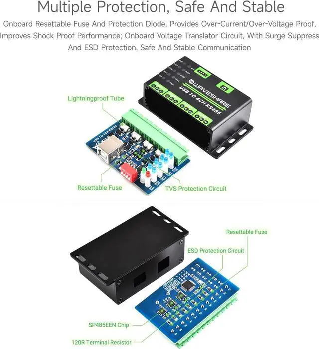 Alt view image 5 of 7 - Waveshare Industrial USB to 4Ch RS485 Converter, Multi Protection Circuits, Multi Systems Support, Aluminium Alloy Case, Wall-Mount & Rail-Mount Support