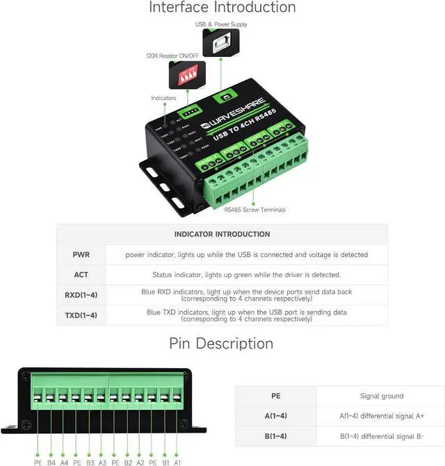 Alt view image 7 of 7 - Waveshare Industrial USB to 4Ch RS485 Converter, Multi Protection Circuits, Multi Systems Support, Aluminium Alloy Case, Wall-Mount & Rail-Mount Support