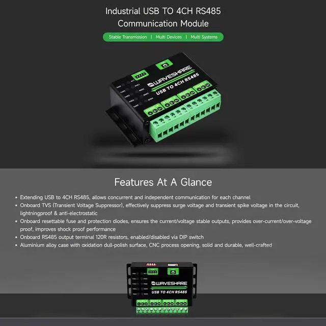 Alt view image 3 of 7 - Waveshare Industrial USB to 4Ch RS485 Converter, Multi Protection Circuits, Multi Systems Support, Aluminium Alloy Case, Wall-Mount & Rail-Mount Support