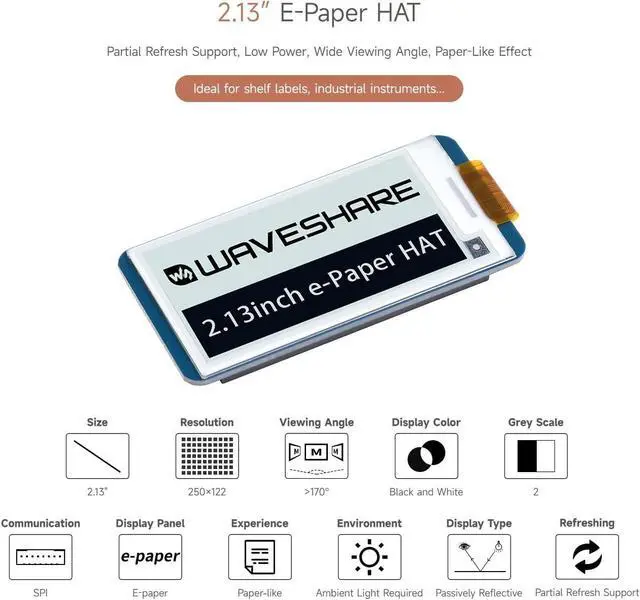 Alt view image 3 of 7 - 2PCS Waveshare 2.13inch E-Ink Display HAT V4 Version Compatible with Raspberry Pi 5/4B/3B+/3B/2B/B+/A+/Zero/Zero W/WH/Zero 2W, 250x122 Resolution SPI Interface Supports Partial Refresh