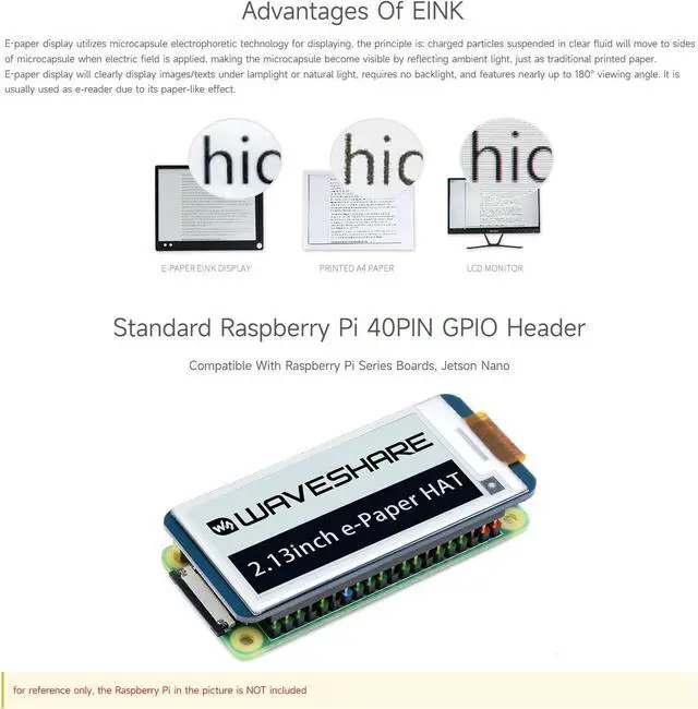 Alt view image 5 of 7 - 2PCS Waveshare 2.13inch E-Ink Display HAT V4 Version Compatible with Raspberry Pi 5/4B/3B+/3B/2B/B+/A+/Zero/Zero W/WH/Zero 2W, 250x122 Resolution SPI Interface Supports Partial Refresh