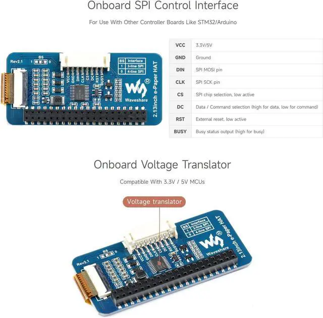 Alt view image 6 of 7 - 2PCS Waveshare 2.13inch E-Ink Display HAT V4 Version Compatible with Raspberry Pi 5/4B/3B+/3B/2B/B+/A+/Zero/Zero W/WH/Zero 2W, 250x122 Resolution SPI Interface Supports Partial Refresh