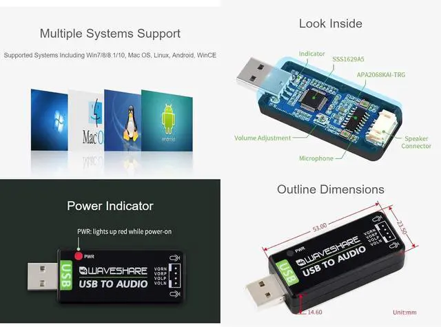 Alt view image 4 of 7 - Waveshare USB Sound Card for Raspberry Pi/Jetson Nano USB Audio Module External Audio Converter Recording and Playback Support Stereo Codec Onboard Microphone and Speaker Header No Driver Required