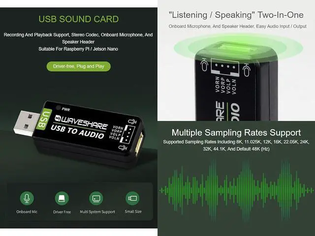 Alt view image 3 of 7 - Waveshare USB Sound Card for Raspberry Pi/Jetson Nano USB Audio Module External Audio Converter Recording and Playback Support Stereo Codec Onboard Microphone and Speaker Header No Driver Required