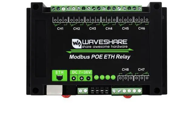 Main image of Waveshare 8-Ch Ethernet Relay Module, Modbus RTU/Modbus TCP Protocol, PoE Port Communication, with Various Isolation and Protection Circuits, Industrial Grade Rail-Mount Case