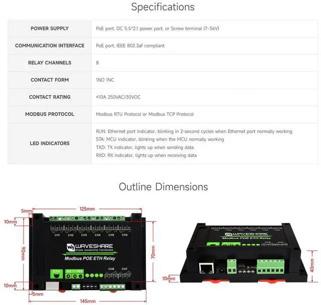 Alt view image 3 of 7 - Waveshare 8-Ch Ethernet Relay Module, Modbus RTU/Modbus TCP Protocol, PoE Port Communication, with Various Isolation and Protection Circuits, Industrial Grade Rail-Mount Case