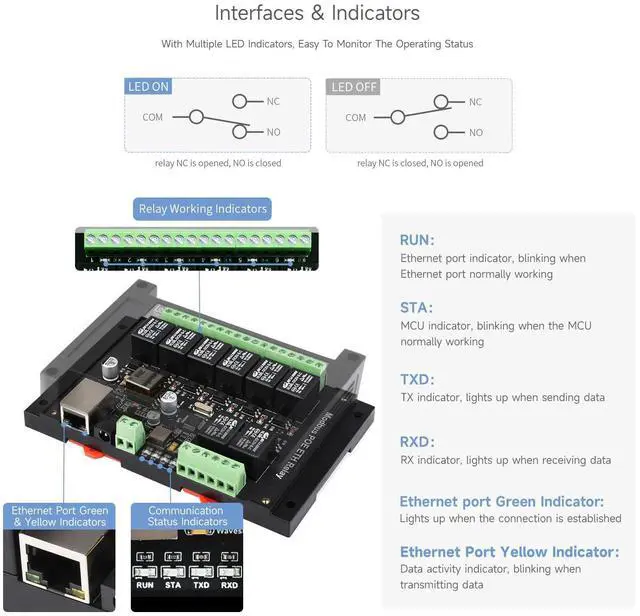 Alt view image 6 of 7 - Waveshare 8-Ch Ethernet Relay Module, Modbus RTU/Modbus TCP Protocol, PoE Port Communication, with Various Isolation and Protection Circuits, Industrial Grade Rail-Mount Case