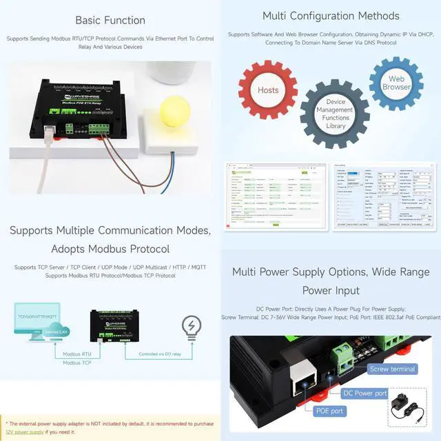 Alt view image 4 of 7 - Waveshare 8-Ch Ethernet Relay Module, Modbus RTU/Modbus TCP Protocol, PoE Port Communication, with Various Isolation and Protection Circuits, Industrial Grade Rail-Mount Case