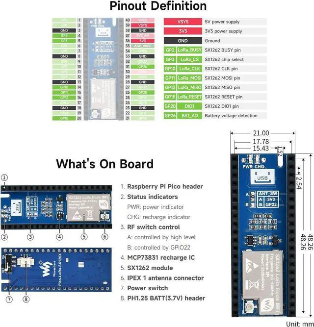 Alt view image 6 of 6 - Waveshare Pico SX1262 LoRa Node Module, Compatible with Raspberry Pi Pico, LoRaWAN Protocol Support, Long Range, Low Power, High Sensitivity Wireless Communication for IoT Projects