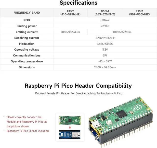 Alt view image 5 of 6 - Waveshare Pico SX1262 LoRa Node Module, Compatible with Raspberry Pi Pico, LoRaWAN Protocol Support, Long Range, Low Power, High Sensitivity Wireless Communication for IoT Projects