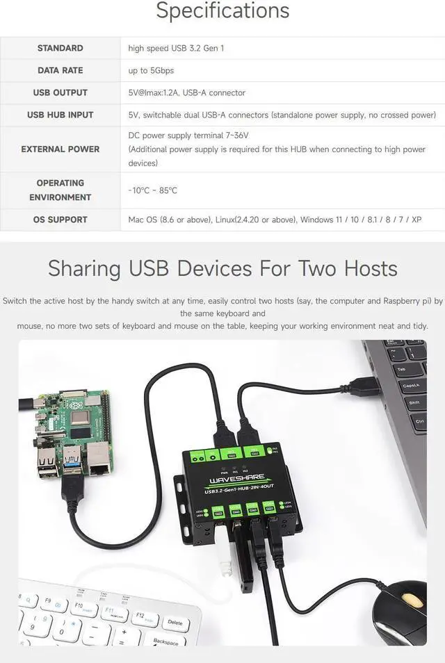 Alt view image 5 of 7 - Waveshare Industrial Grade USB HUB, Extending 4X USB 3.2 Ports, Switchable Dual Hosts, Multi Protections