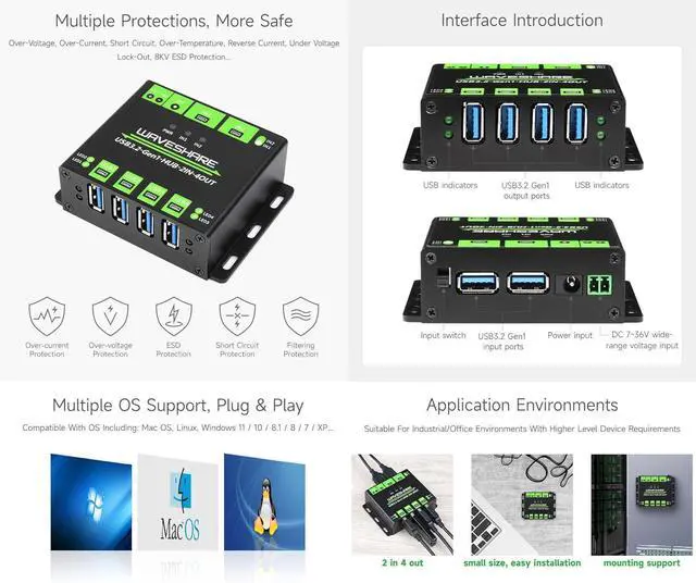 Alt view image 7 of 7 - Waveshare Industrial Grade USB HUB, Extending 4X USB 3.2 Ports, Switchable Dual Hosts, Multi Protections