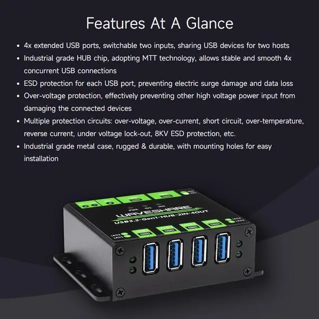Alt view image 4 of 7 - Waveshare Industrial Grade USB HUB, Extending 4X USB 3.2 Ports, Switchable Dual Hosts, Multi Protections