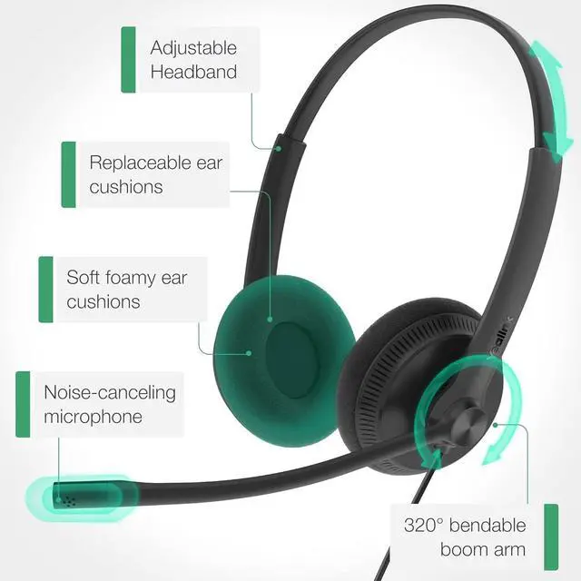 Alt view image 6 of 7 - Yealink Phone Headsets for Office Phones YHS34 Lite QD to RJ9 Wired Headset Compatible with Poly Snom Grandstream Phones Desk Landline Headset with Microphone -Dual/111g/2.1m Cable