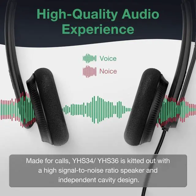 Alt view image 5 of 7 - Yealink Phone Headsets for Office Phones YHS34 Lite QD to RJ9 Wired Headset Compatible with Poly Snom Grandstream Phones Desk Landline Headset with Microphone -Dual/111g/2.1m Cable