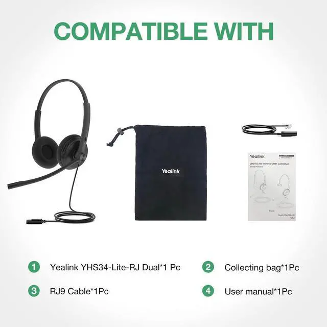 Alt view image 7 of 7 - Yealink Phone Headsets for Office Phones YHS34 Lite QD to RJ9 Wired Headset Compatible with Poly Snom Grandstream Phones Desk Landline Headset with Microphone -Dual/111g/2.1m Cable