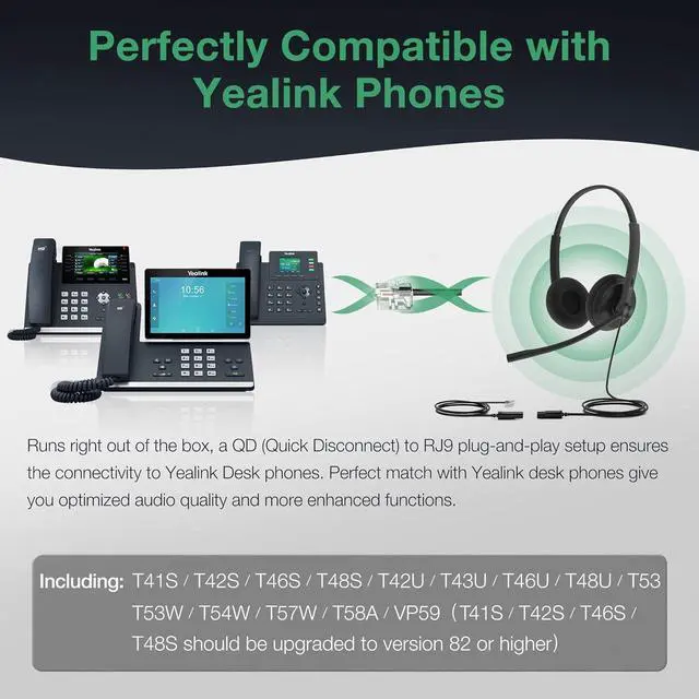 Alt view image 2 of 7 - Yealink Phone Headsets for Office Phones YHS34 Lite QD to RJ9 Wired Headset Compatible with Poly Snom Grandstream Phones Desk Landline Headset with Microphone -Dual/111g/2.1m Cable