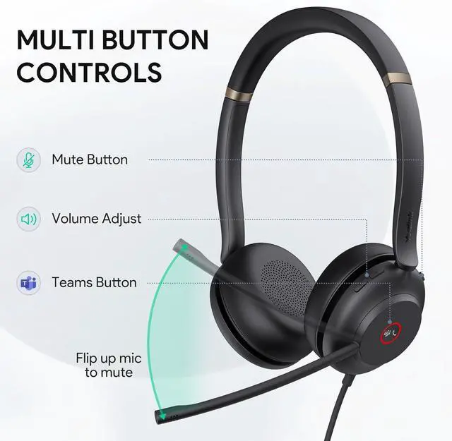 Alt view image 4 of 6 - Yealink UH37 USB Headset with Noise Cancelling Microphone,Wired Headset for PC Laptop,Teams Certified,USB-A & USB-C Cable,Works with Zoom and Other Leading UC Platforms