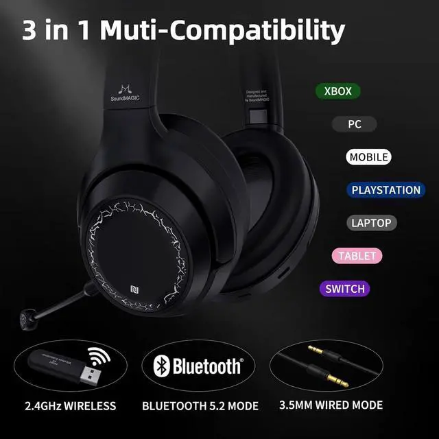 Alt view image 5 of 7 - SoundMAGIC P60BT GM Performance Wireless Gaming Headset - Surround Sound 2.4GHz USB/Bluetooth Headphones 50 Hours Lasting Lower Latency Compatibility for PC Mobile PS4 PS5 Xbox Consoles