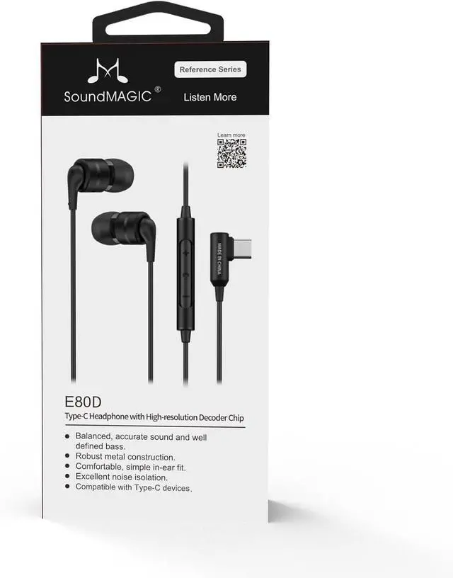 Alt view image 7 of 7 - SoundMAGIC E80D USB-C in-Ear Stereo Headphones, L-Shape Plug, in-Line Controller, Metal Housing, 10mm Dynamic Drivers, Water/Dust Proof, Black