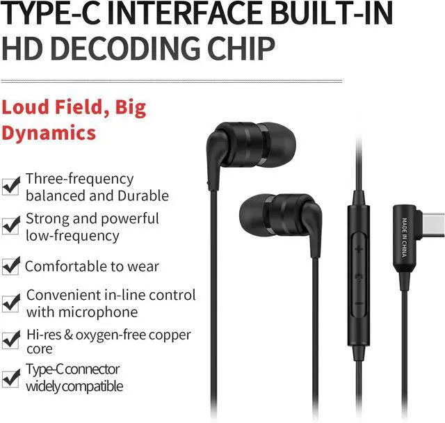 Alt view image 2 of 7 - SoundMAGIC E80D USB-C in-Ear Stereo Headphones, L-Shape Plug, in-Line Controller, Metal Housing, 10mm Dynamic Drivers, Water/Dust Proof, Black