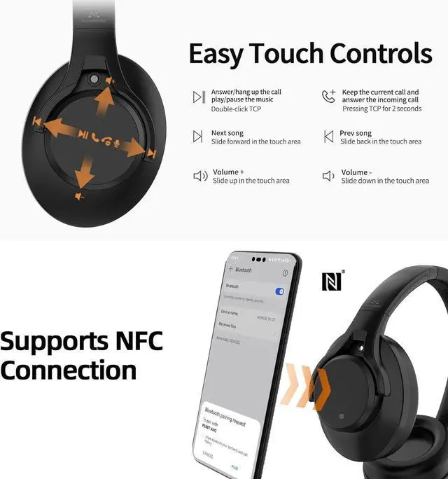 Alt view image 7 of 7 - SoundMAGIC P58BT ANC Over Ear Active Hibrid Noise Cancelling Bluetooth Headphones, Black