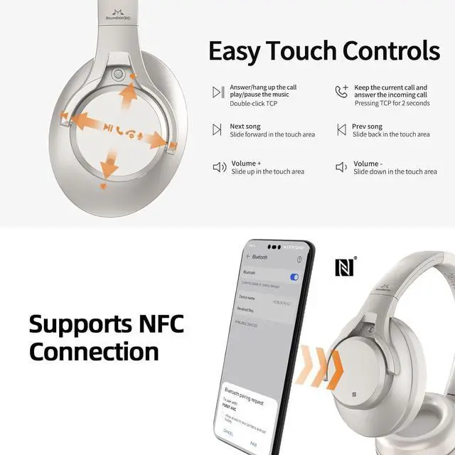 Alt view image 7 of 7 - SoundMAGIC P58BT ANC - Over Ear Hybrid Active Noise Cancelling Bluetooth Headphones - Silver