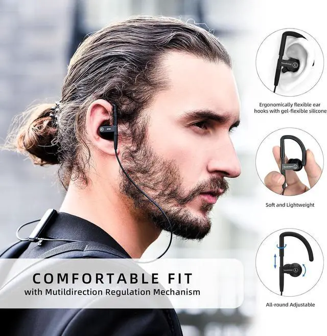 Alt view image 2 of 6 - SoundMAGIC ST80 Neckband Bluetooth Earbuds - Waterproof HiFi Stereo Sound Earphones Wired Detachable in Ear Headphones with Adjustable Metal Mechanism Ear Hooks, Black