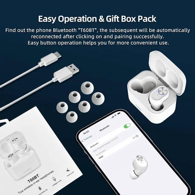 Alt view image 5 of 7 - SoundMAGIC T60BT True Wireless Earphones in Ear Bluetooth Headphones with Microphone HiFi Stereo Sports Earbuds Waterproof White