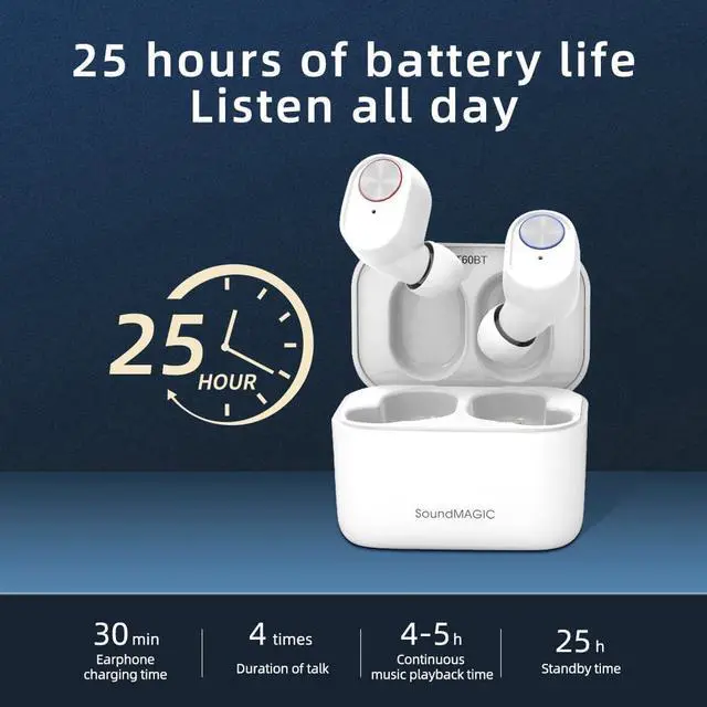 Alt view image 6 of 7 - SoundMAGIC T60BT True Wireless Earphones in Ear Bluetooth Headphones with Microphone HiFi Stereo Sports Earbuds Waterproof White
